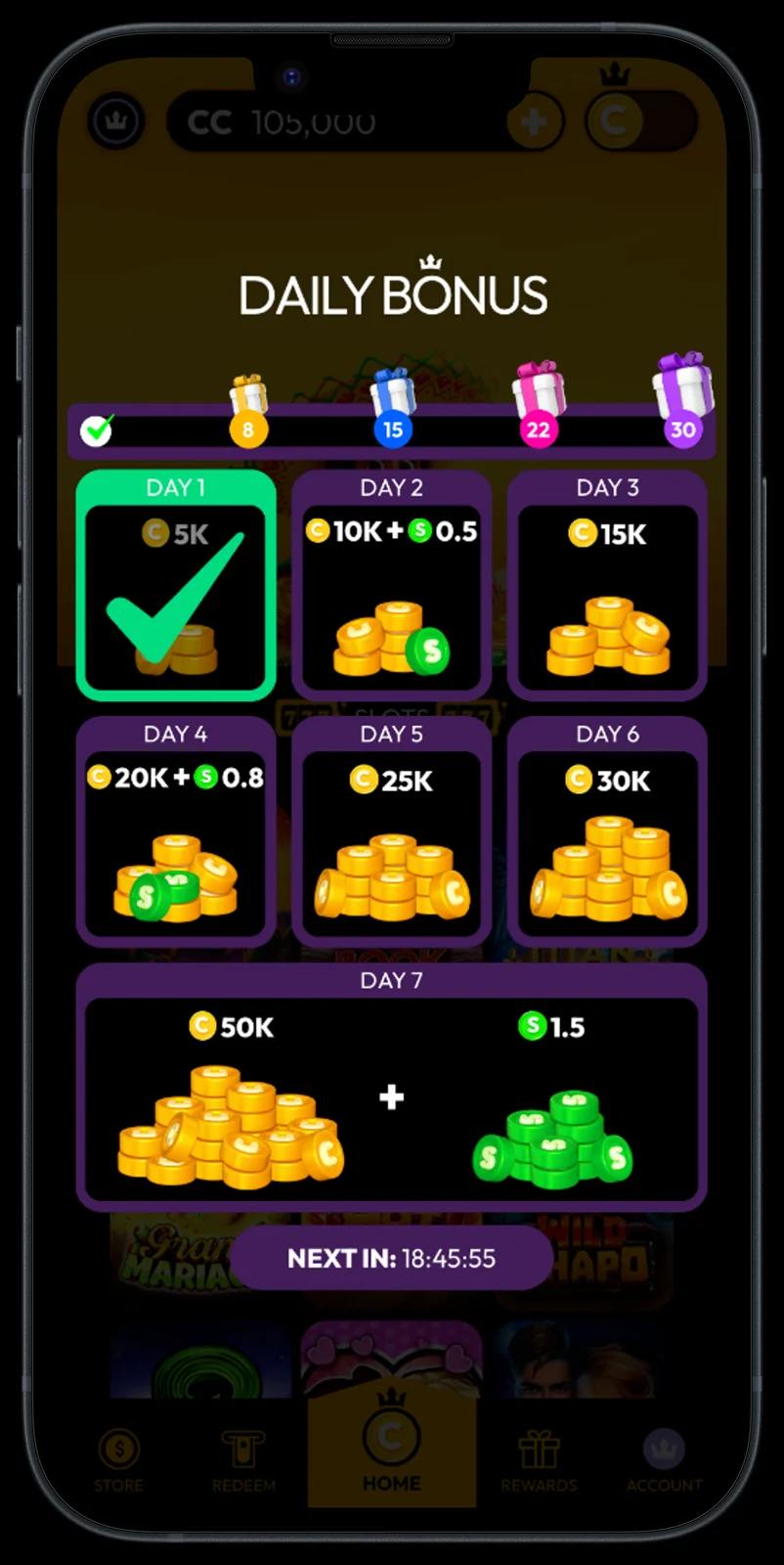 CrownCoins Casino daily bonus interface screenshot